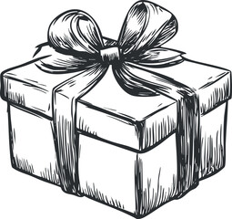 Black and white hand-drawn illustration of a gift box wrapped with ribbon and bow for celebrations or birthdays