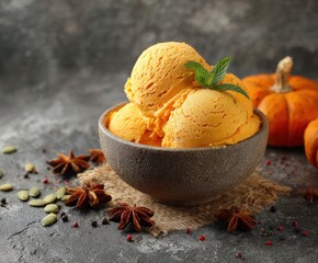 Pumpkin ice cream bowl, on the table, with space for copying