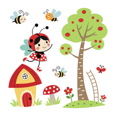 Fototapeta premium A cute cartoon vector illustration of a spring landscape with colorful birds on a tree and flowers, perfect for children