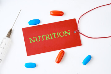 Concept diet, wellness, body, energy, medical, fitness, medical, gym, medicine. NUTRITION written...