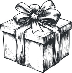 Black and white hand drawn illustration of a gift box with a large ribbon bow on top