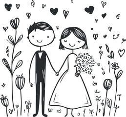 Black and white cartoon illustration of a happy bride and groom holding hands surrounded by flowers and hearts.