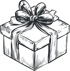 Black and white sketch illustration of a gift box with ribbon and bow for celebration or holiday use