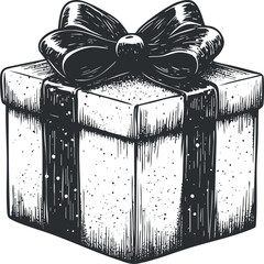 Black and white vintage style illustration of a gift box with ribbon and bow for celebration and holiday occasions