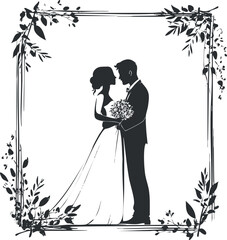 Silhouette of a bride and groom embracing in a romantic wedding scene with floral frame border.