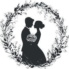 Silhouette of a bride and groom embracing inside a decorative floral wreath frame symbolizing wedding and romance.