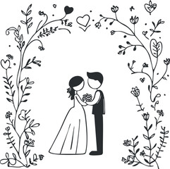 Black and white illustration of a bride and groom holding hands surrounded by floral decorative frame and hearts symbolizing love and marriage