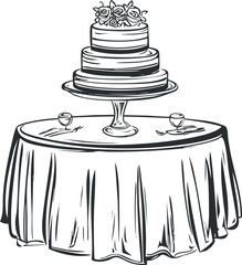 Black and white illustration of a tiered wedding cake with flowers on a table set with glasses and cutlery