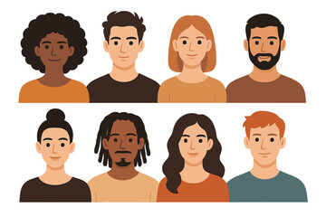 Diverse people face set. Men women character constructor. Multicultural avatars collection. Various hairstyles features. Team identity visuals. Vector illustration portrait.