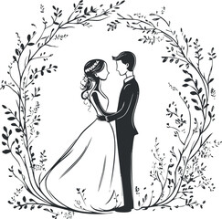 Black and white vector illustration of bride and groom embracing surrounded by floral decorative frame