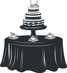 Black and white illustration of a tiered wedding cake with roses and candles on a table with cups and cream