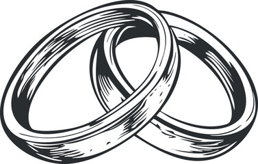 Black and white illustration of two intertwined wedding rings symbolizing marriage and commitment.