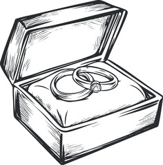 Black and white illustration of two wedding rings in an open jewelry box symbolizing love and marriage.