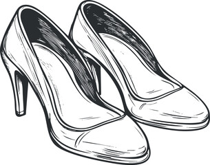 Black and white illustration of a pair of elegant high-heeled women's shoes for fashion and formal wear