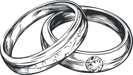 Detailed black and white illustration of two wedding rings, one with a diamond and one plain, symbolizing marriage and commitment.