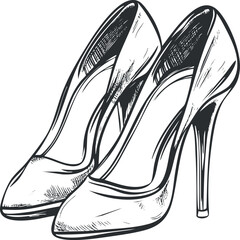 Black and white sketch illustration of elegant high heel women's shoes for fashion and style