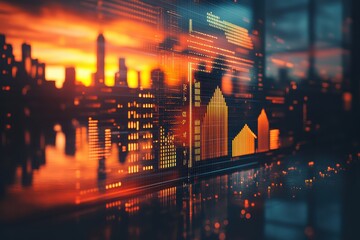 Futuristic Digital Mortgage Comparison Tool with Urban Sunset Background and Graphical Data