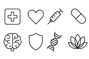 Healthcare and medical thin line icon set. Vector symbols: first aid cross, cardiology heart, vaccine syringe, pill, brain, immune shield, genetics DNA, and wellness lotus.