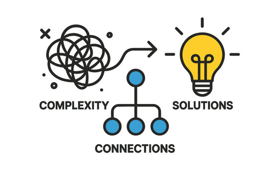 Complexity to solution concept. Problem solving process icon. Business strategy and innovation. From chaos to order, finding clarity. Connections and networking lead to ideas.