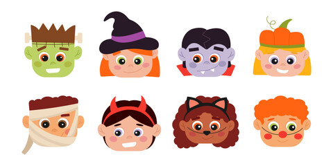 Happy Halloween children faces in cute costumes. Flat vector avatars set for holiday and party design.