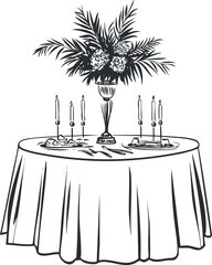 Elegant round dining table with tablecloth, floral centerpiece in vase, and lit candles for formal event or celebration