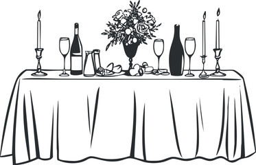 Elegant dining table set with candles wine glasses bottles and floral centerpiece for celebration