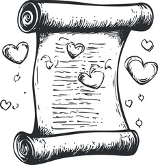 Hand drawn vintage scroll with romantic hearts symbolizing love message or antique parchment decoration