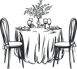 Elegant dining table set for two with floral centerpiece and glassware in a romantic setting