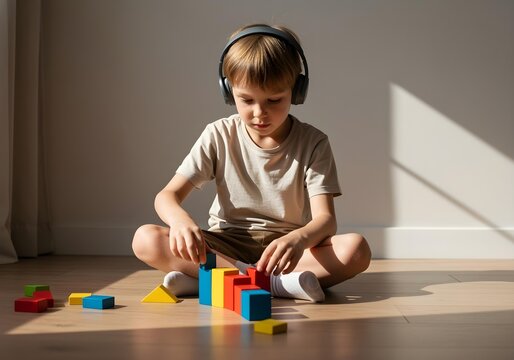 Autistic child boy with noise cancelling headphones lining colorful blocks on floor in sunlight showing repetitive behavior - Powered by Adobe