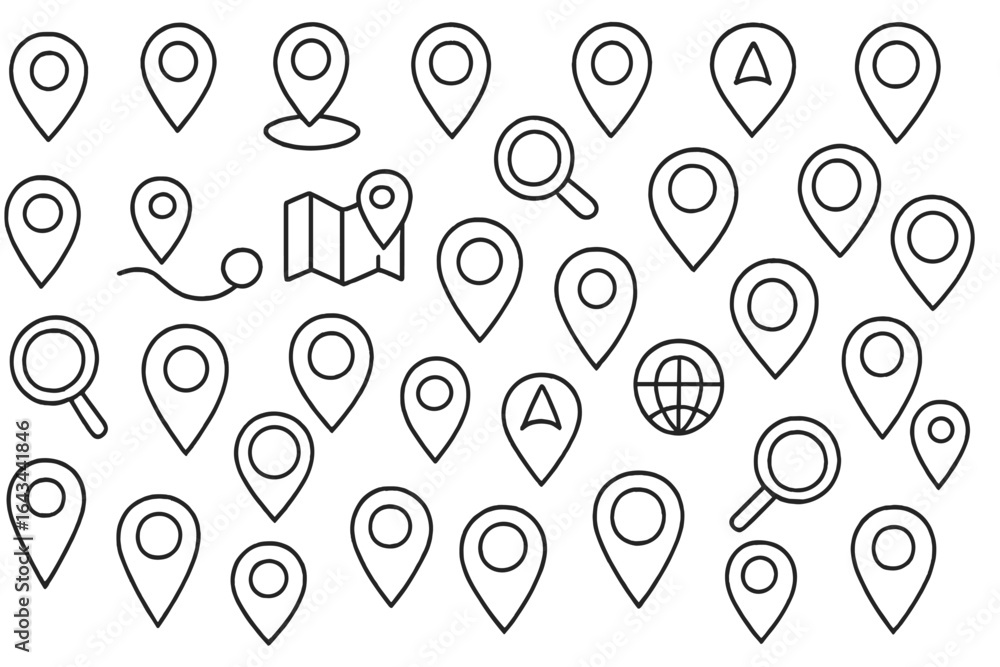 Poster location icon vector set with map pointers, navigation signs, and search symbols. a seamless line ar