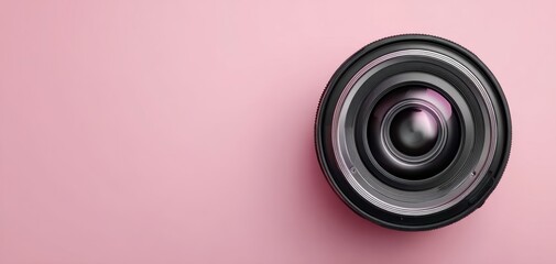 The camera lens on a soft pink background for creative photography inspiration.