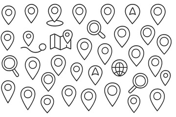 Location icon vector set with map pointers, navigation signs, and search symbols. A seamless line art collection of GPS destination and route markers for web and app design.