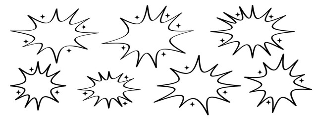Various starburst shapes with outlines and sparkles suitable for enhancing design projects. These bursts vary in size and orientation, providing creative options for artwork.