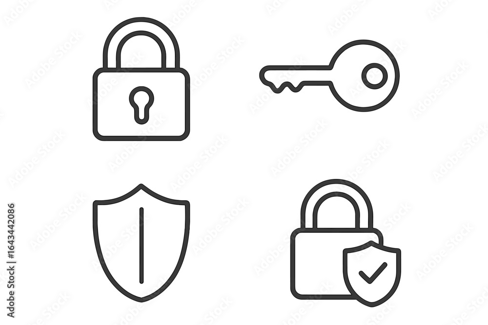 Poster security outline icon set. lock, key, shield, and password access symbols. thin line vector icons fo