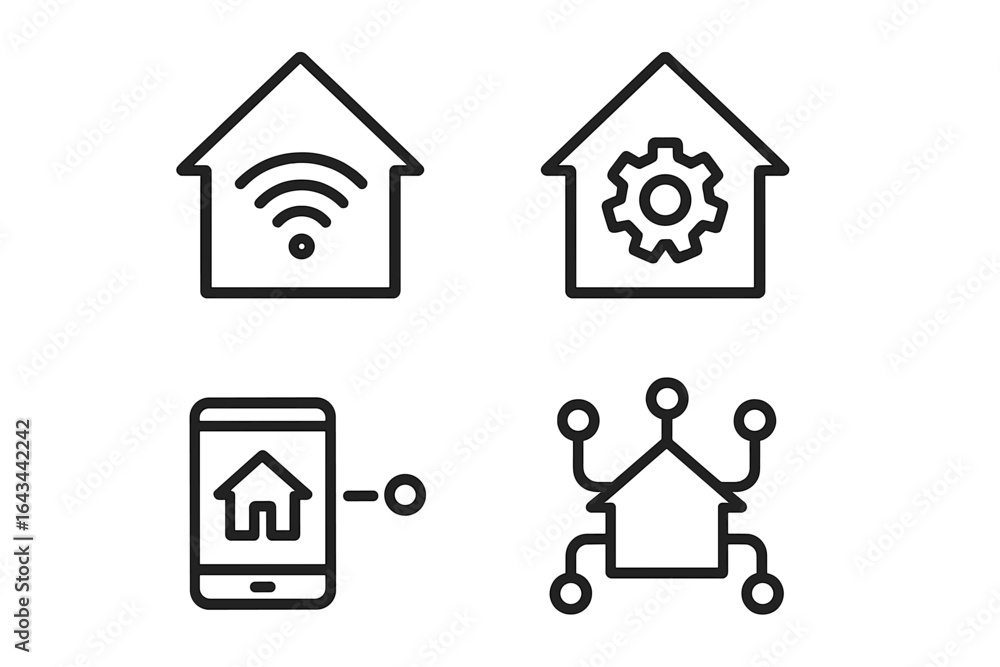Poster smart home technology vector line icon set. home automation system, remote control via mobile app, a