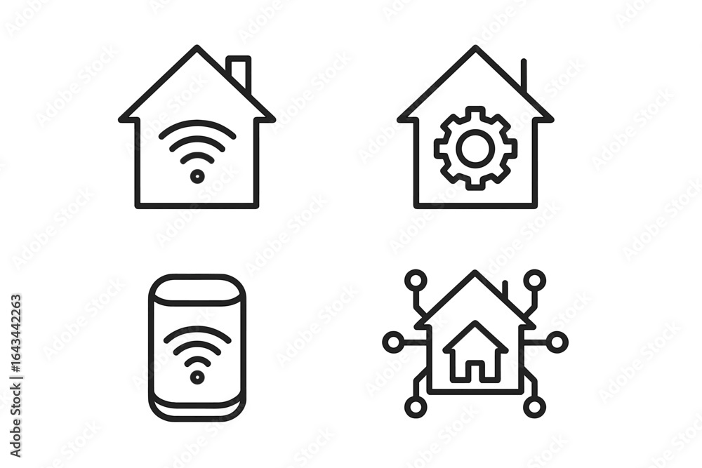 Poster smart home line icon set with wifi connection, automation gear, smart speaker, and iot network symbo
