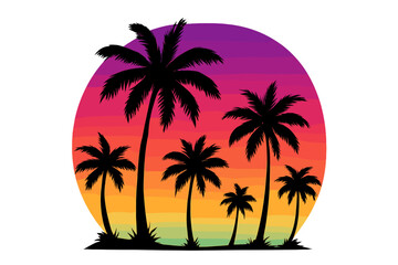 Palm tree silhouette on tropical island with vibrant retro sunset. Vector graphic for summer vacation, travel, and beach themes. Exotic paradise logo design element.
