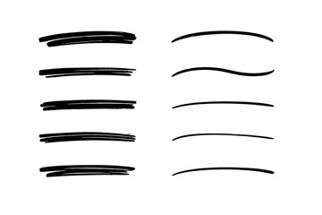 Hand drawn underline set. Black marker brush strokes, lines for emphasis. Scribble sketch, doodle highlight collection. Vector graphic design element for text. Isolated.