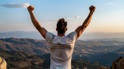 Man stands triumphantly on mountain peak, raising his arms in celebration against stunning backdrop of rolling hills and vast sky. scene conveys sense of achievement and freedom
