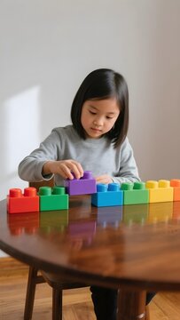 Autistic asian child girl arranging colorful plastic building blocks in perfect line at wooden table focusing on repetitive play