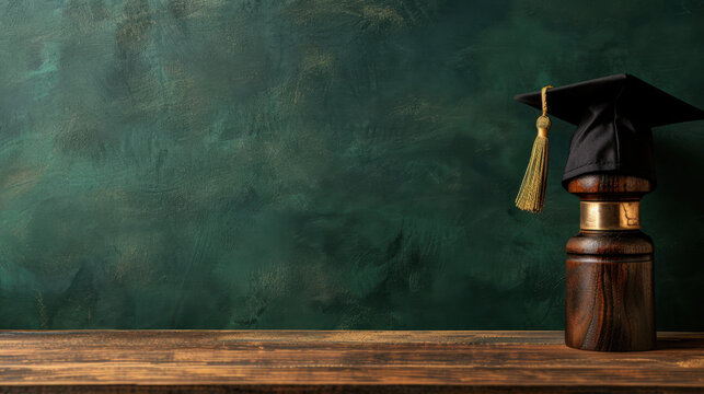 Graduation cap on wooden table against textured green background, symbolizing achievement and education. scene evokes feelings of accomplishment and celebration