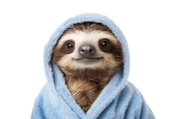 Charming sloth wearing a blue hooded bathrobe on transparent background