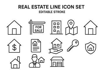 Real estate line icon set. Property investment and housing business symbols. Home, for sale sign, apartment, realtor, and mortgage icons for web and app design. Editable stroke.