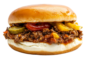Delicious sloppy joe hamburger with fixings isolated on transparent background