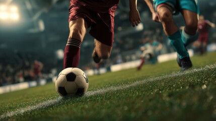The soccer player skillfully dribbles the ball on a vibrant stadium field.
