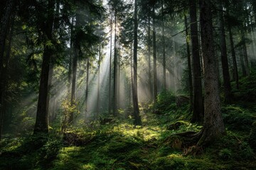 Obraz premium Enchanted Forest with Sunlight Beaming Through Tall Trees and Lush Greenery in a Serene Natural Landscape