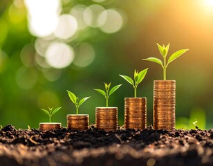 Growing plants on stacks of coins in soil