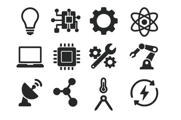 Obraz premium Technology and Science Engineering Essentials Vector Icons Set, Black Silhouette Symbols of Innovation, Industry, Hardware, Science, Robotics, and Electronics on Transparent Background