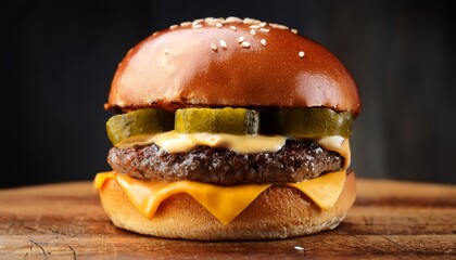 classic american diner style burger with pickles and mustard