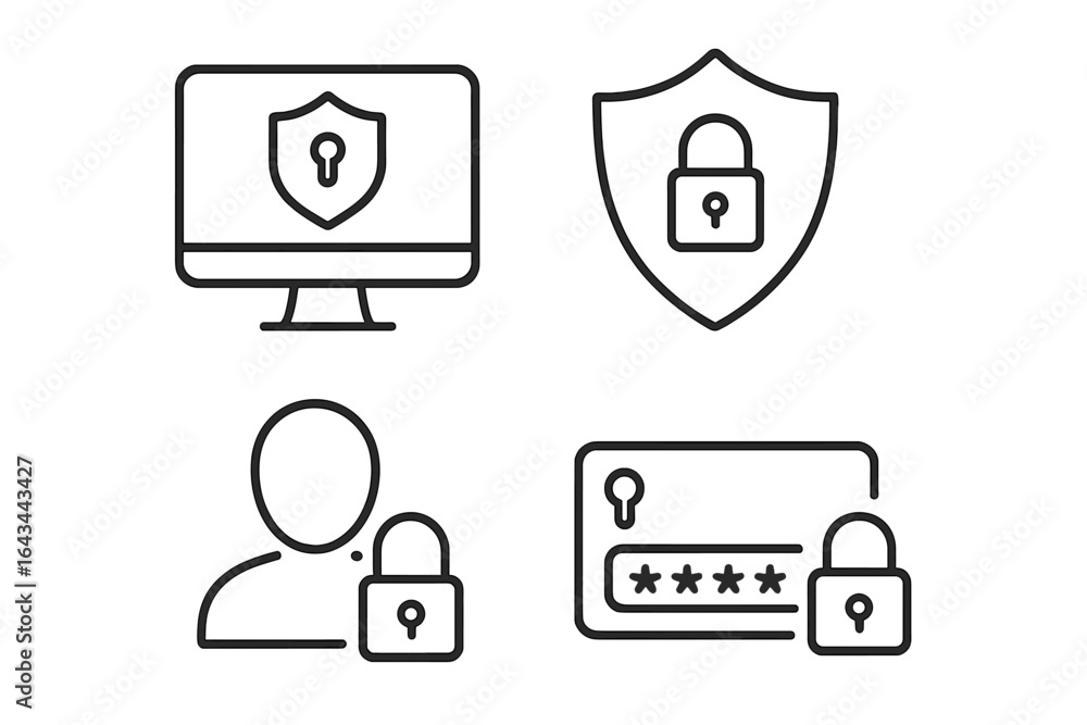 Poster cybersecurity line icon set for digital protection and privacy. vector graphics for secure access, d